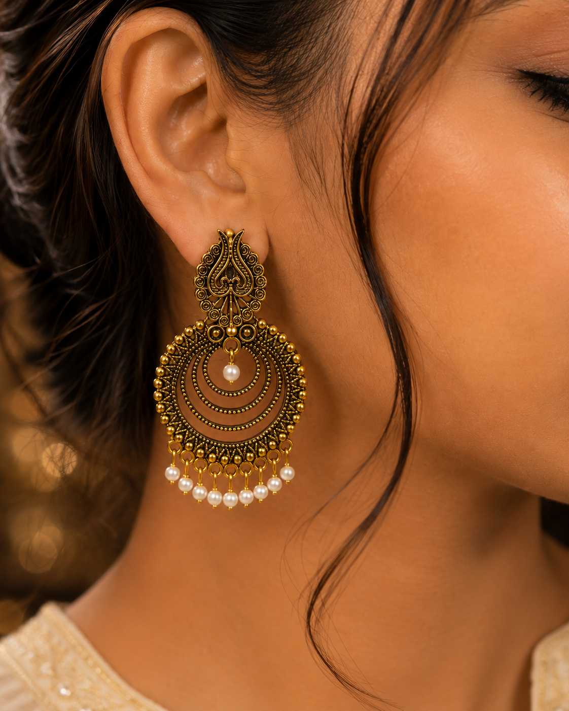 Antique Pearl Chandbali Jhumka Earrings