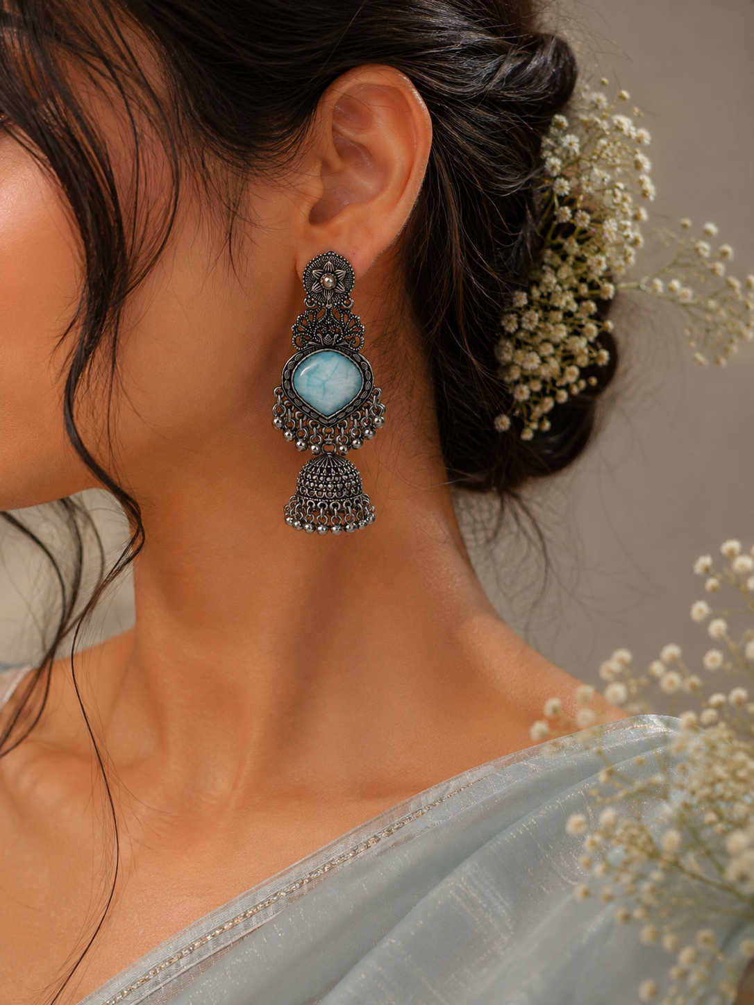 Azure Bloom Oxidized Jhumkas