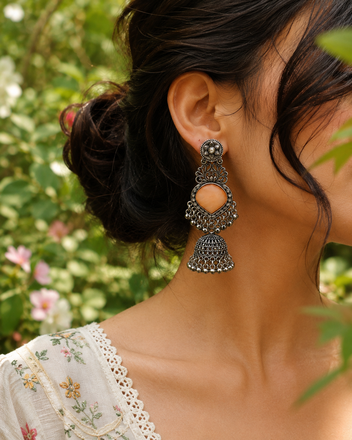 Peach Bloom Oxidized Jhumkas