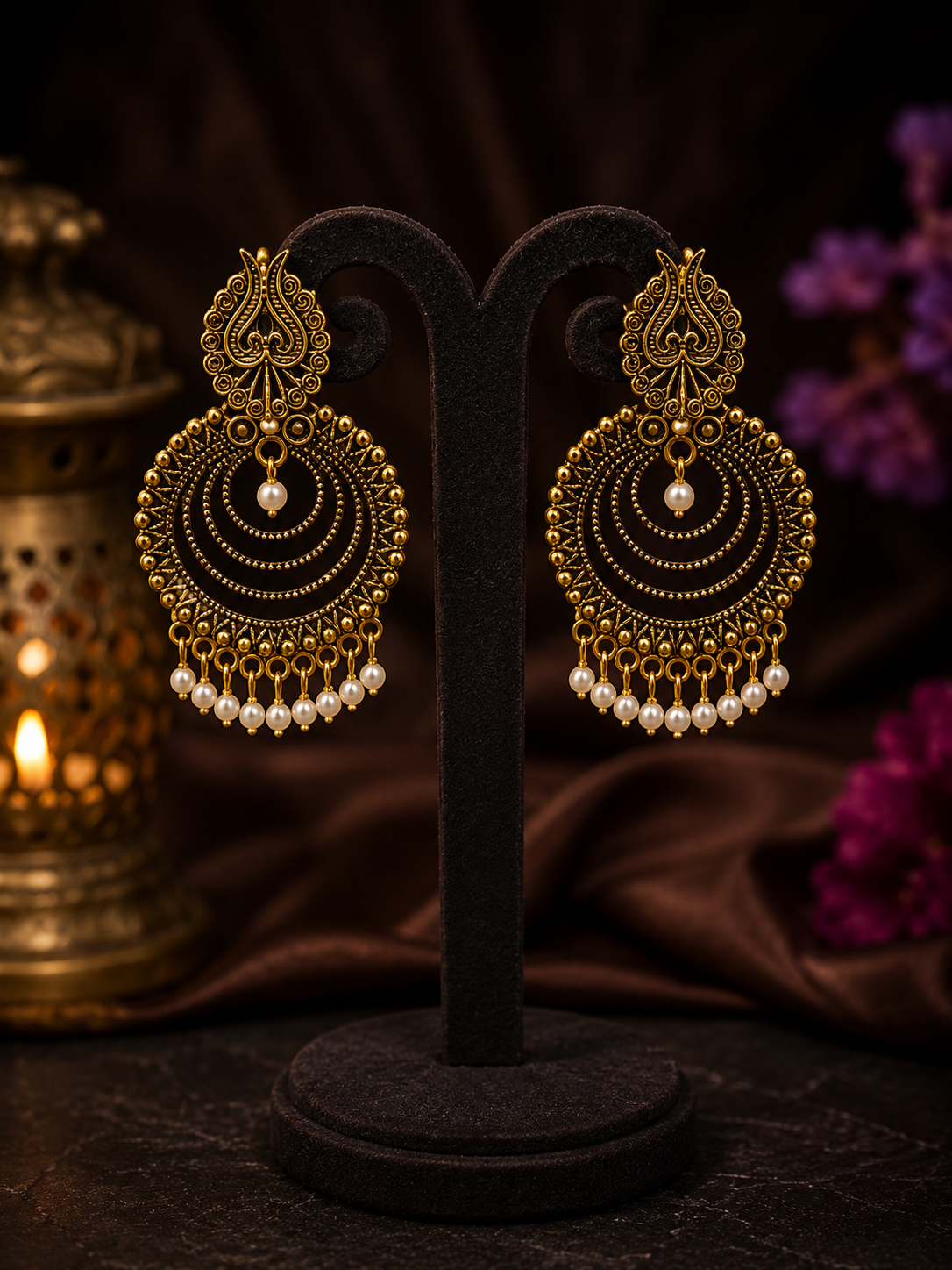 Antique Pearl Chandbali Jhumka Earrings