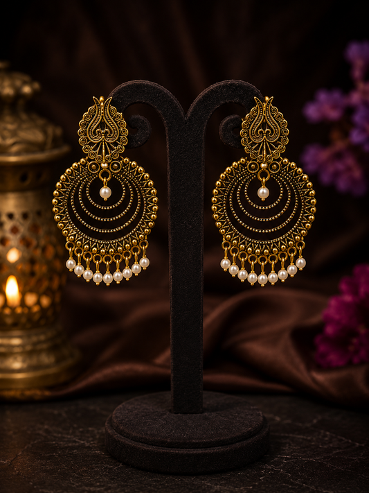 Antique Pearl Chandbali Jhumka Earrings