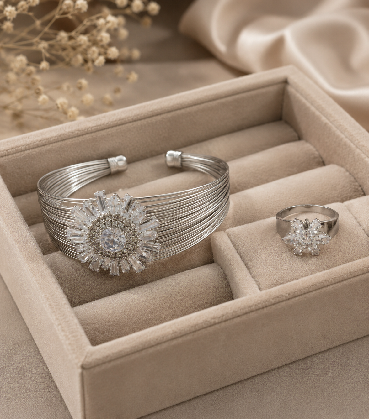 Crystal Bloom Cuff Bracelet &amp; Ring Set
