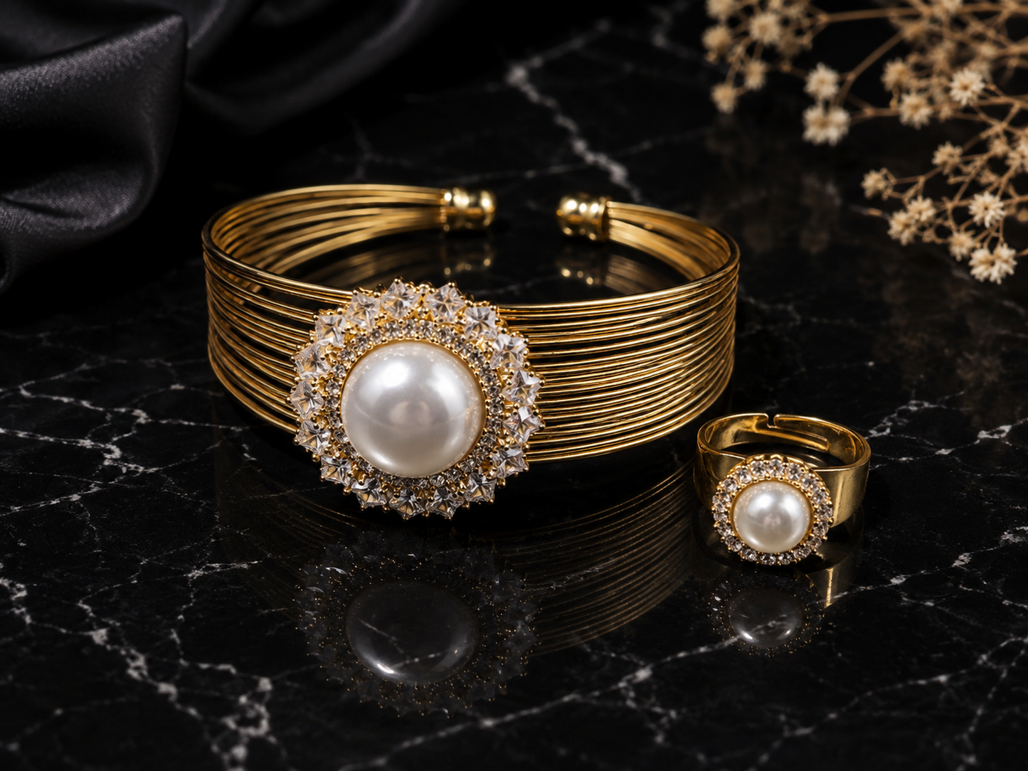 Pearl Royale Crystal Cuff &amp; Ring Set