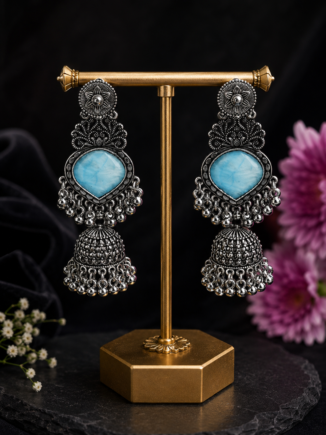 Azure Bloom Oxidized Jhumkas