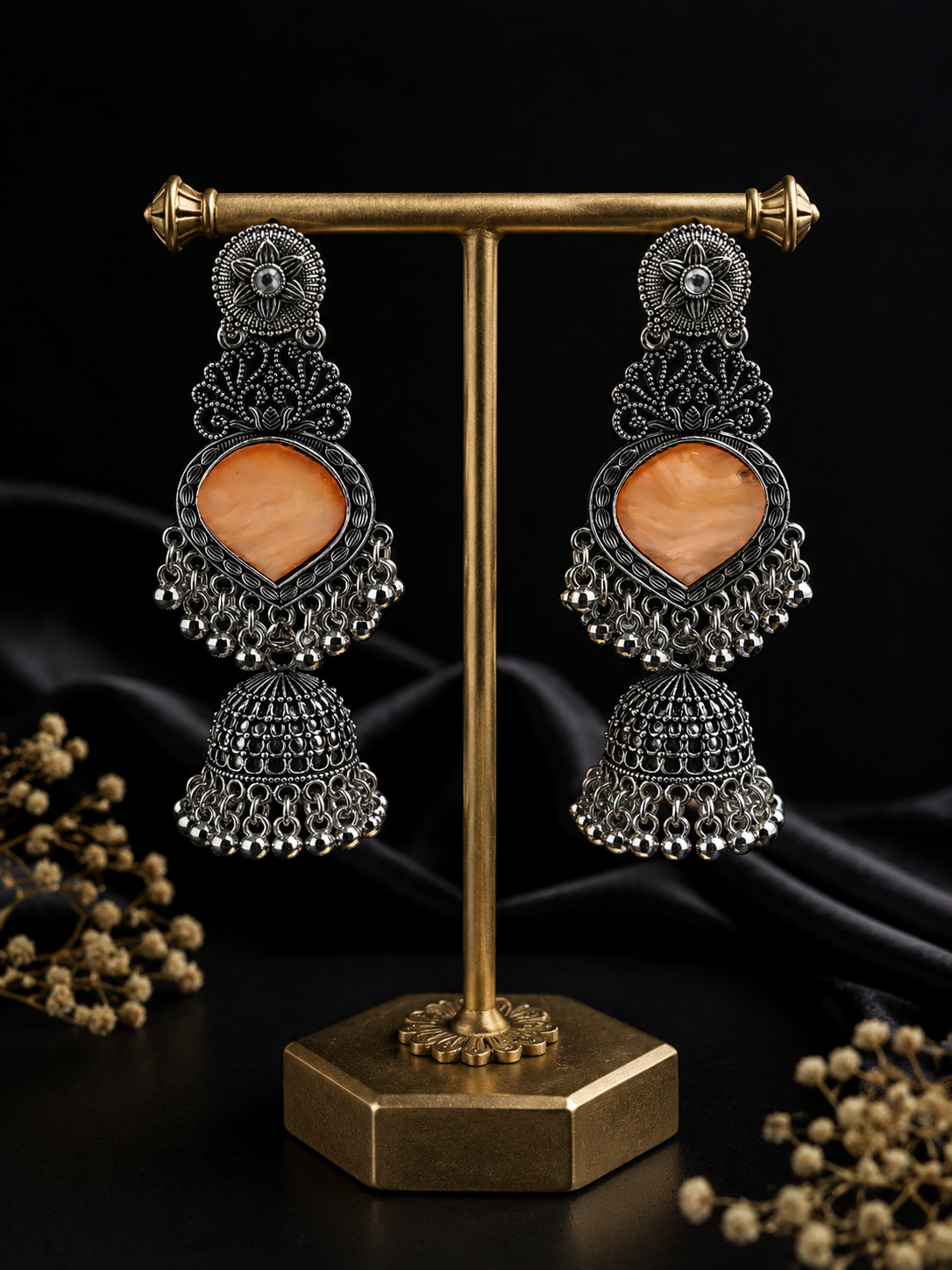 Peach Bloom Oxidized Jhumkas