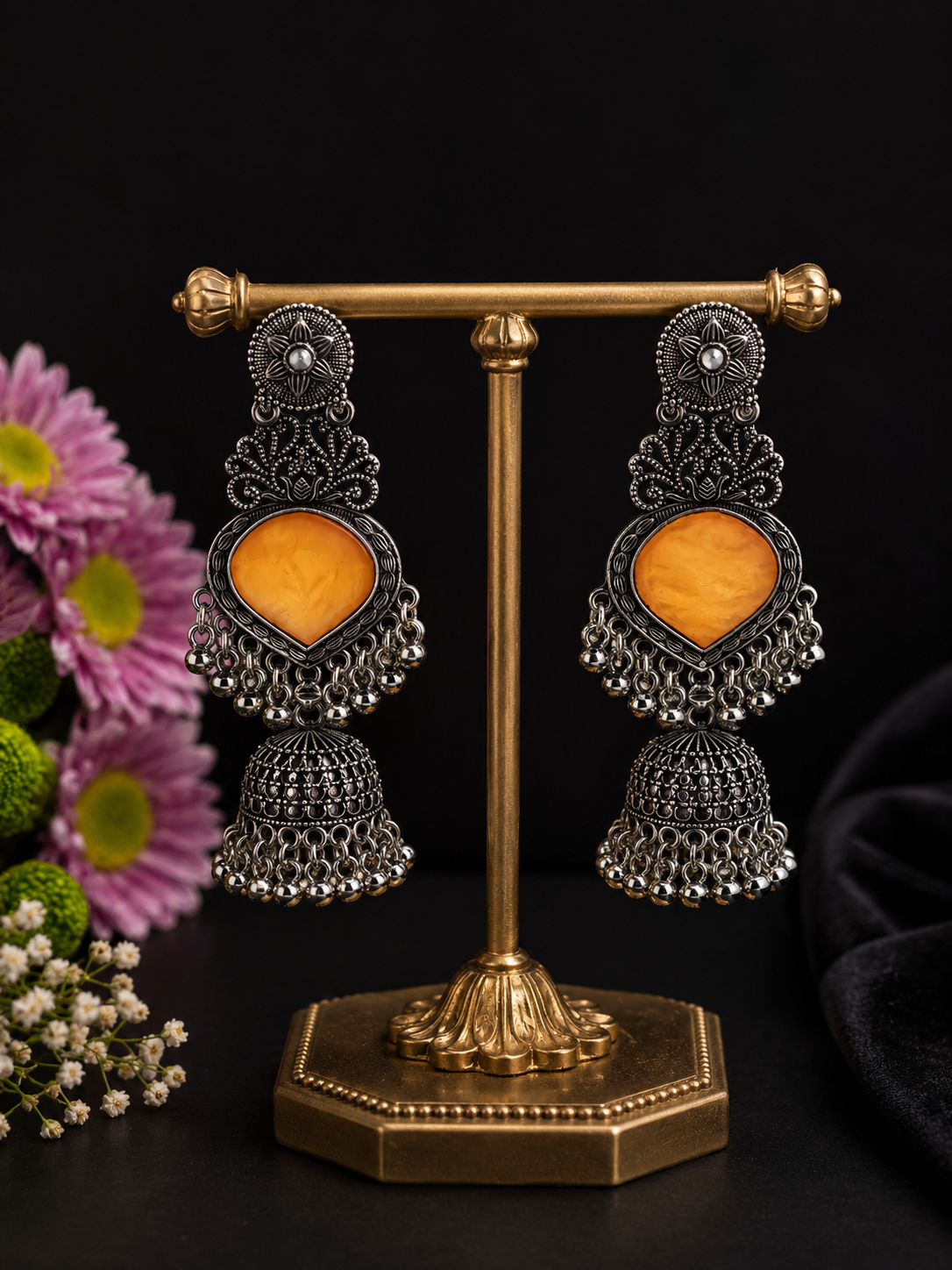 Golden Bloom Oxidized Jhumkas