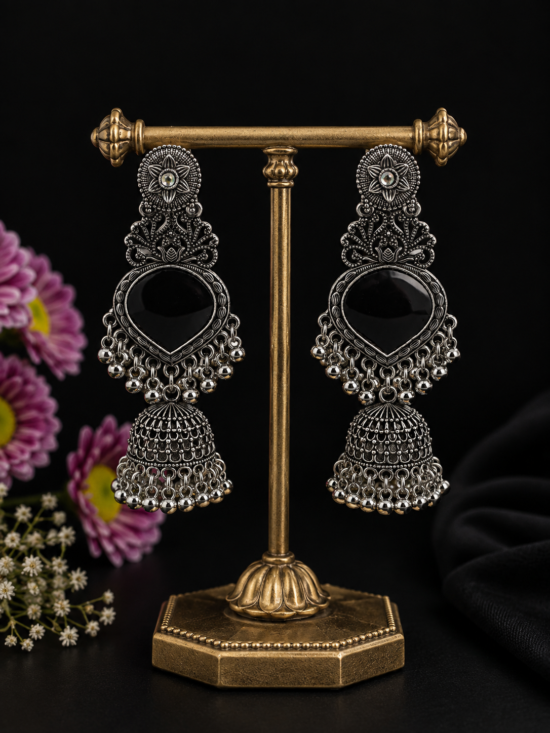 Midnight Bloom Oxidized Jhumkas,