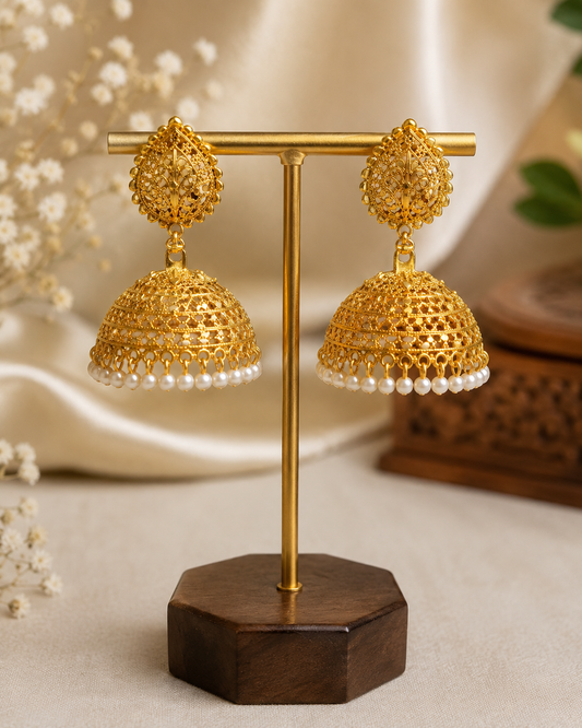 Golden Mesh Pearl Jhumka