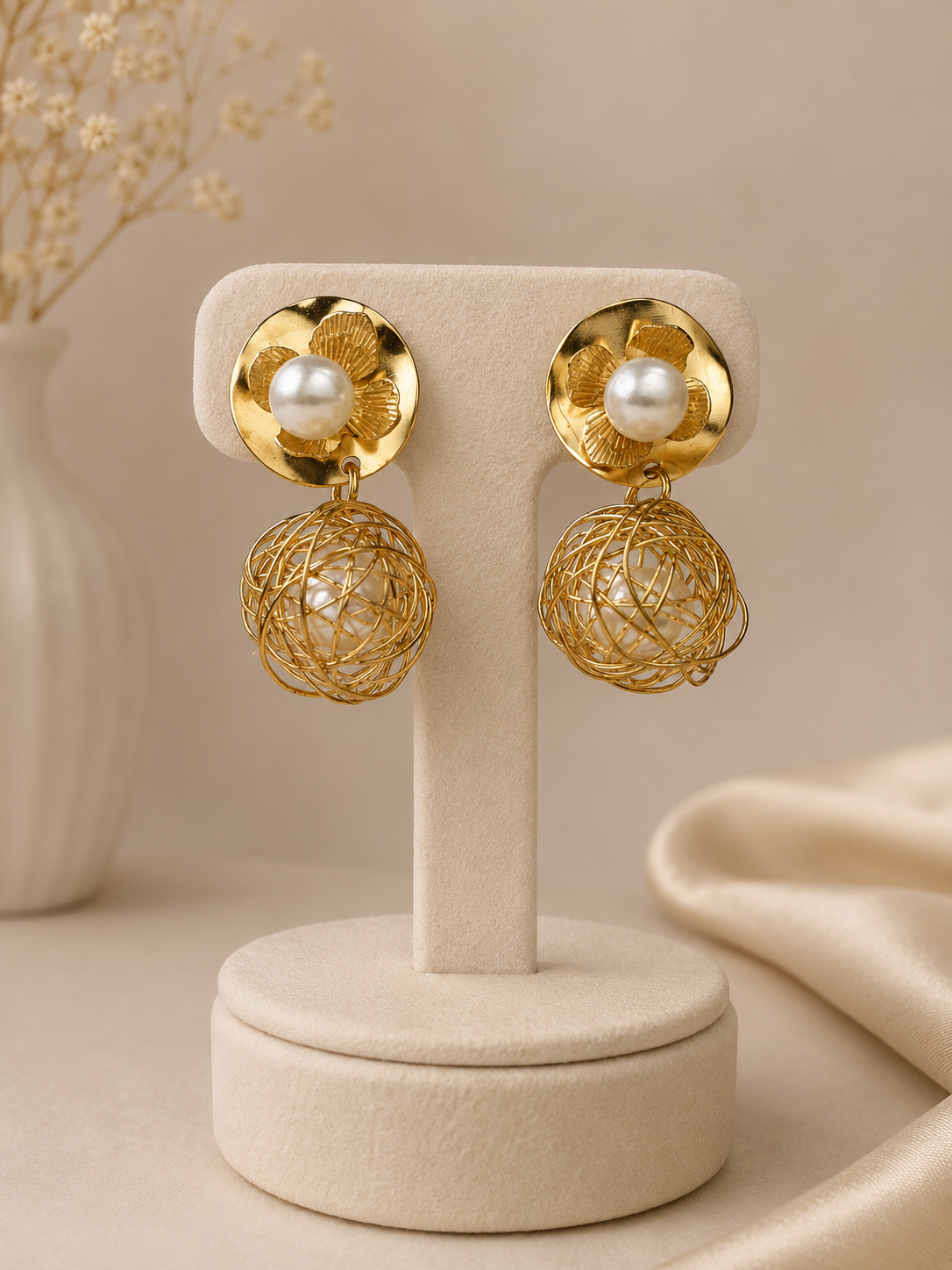 Pearl Bloom Wire Globe Earrings.