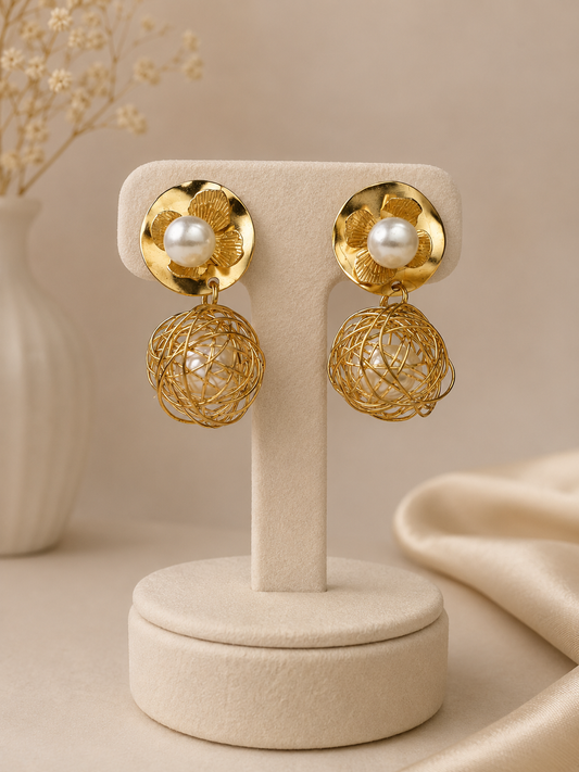 Pearl Bloom Wire Globe Earrings.