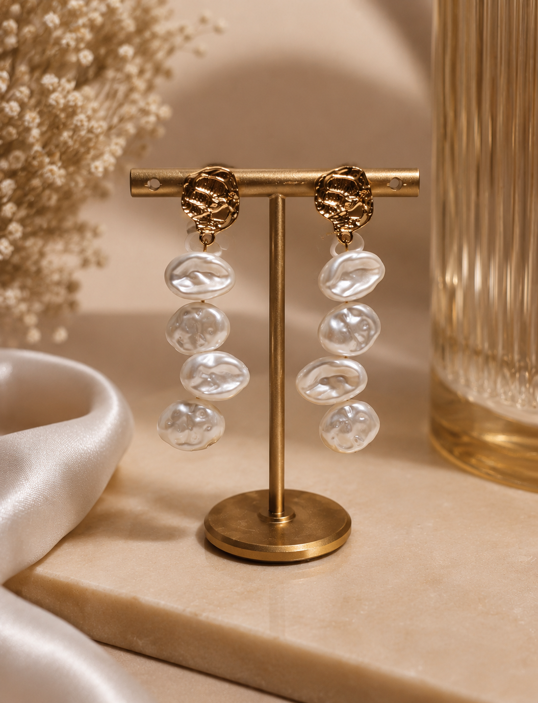 Hammered Texture Pearl Drop Earrings