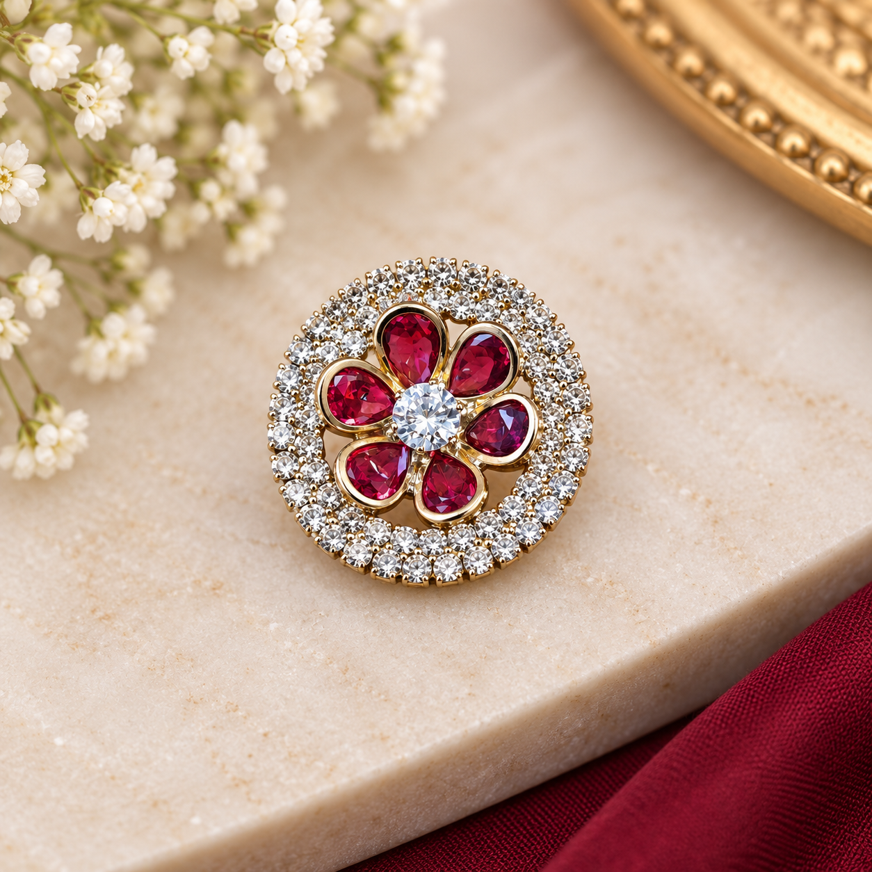 Ruby Blossom Halo Brooch