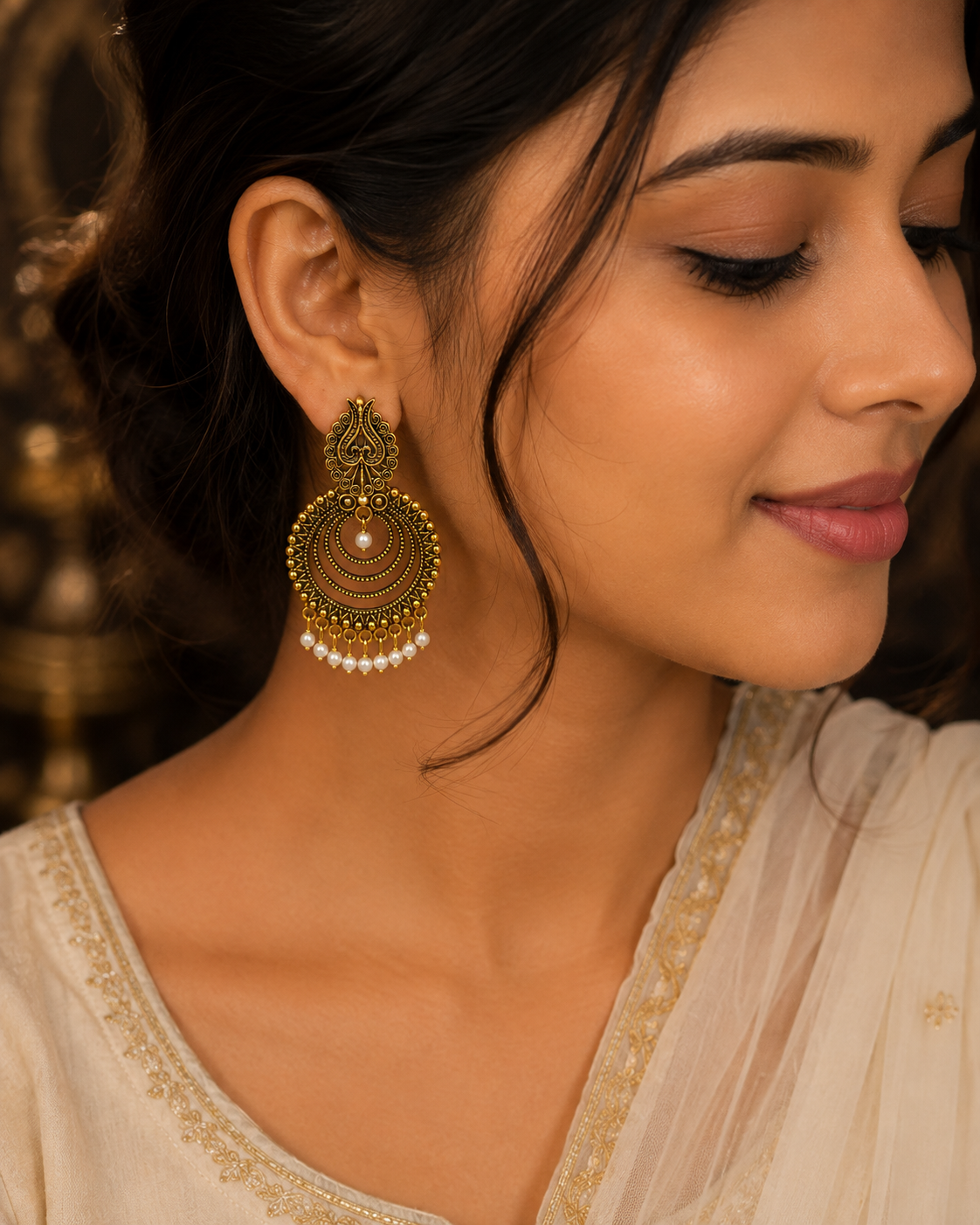 Antique Pearl Chandbali Jhumka Earrings
