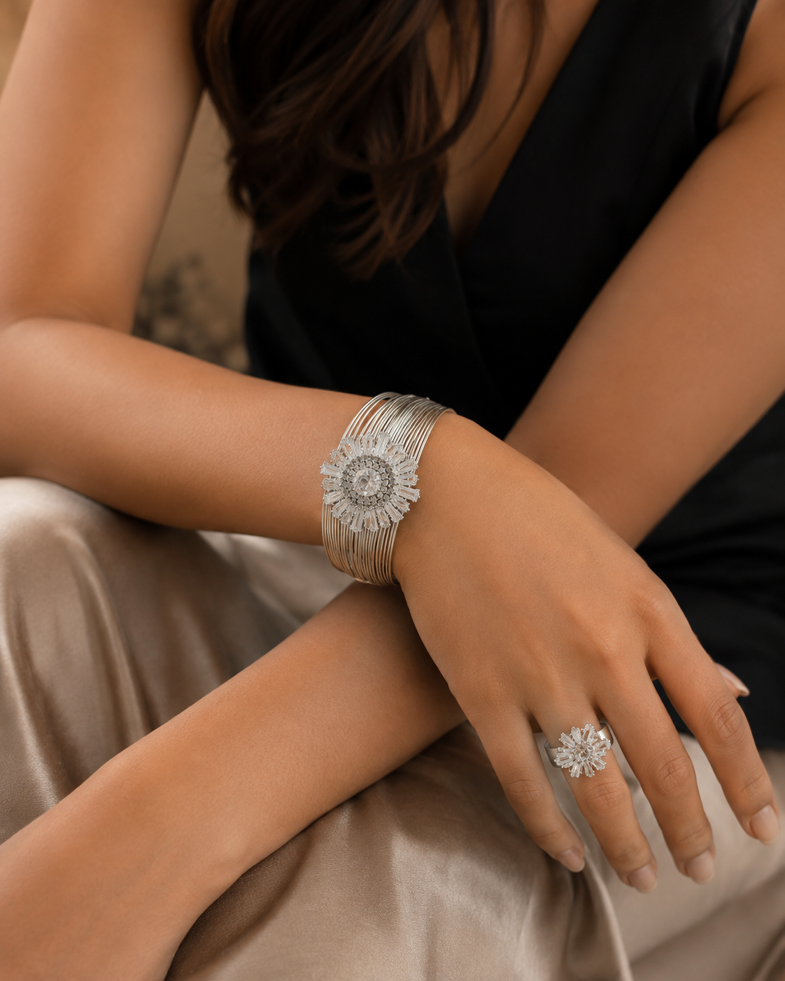 Crystal Bloom Cuff Bracelet &amp; Ring Set