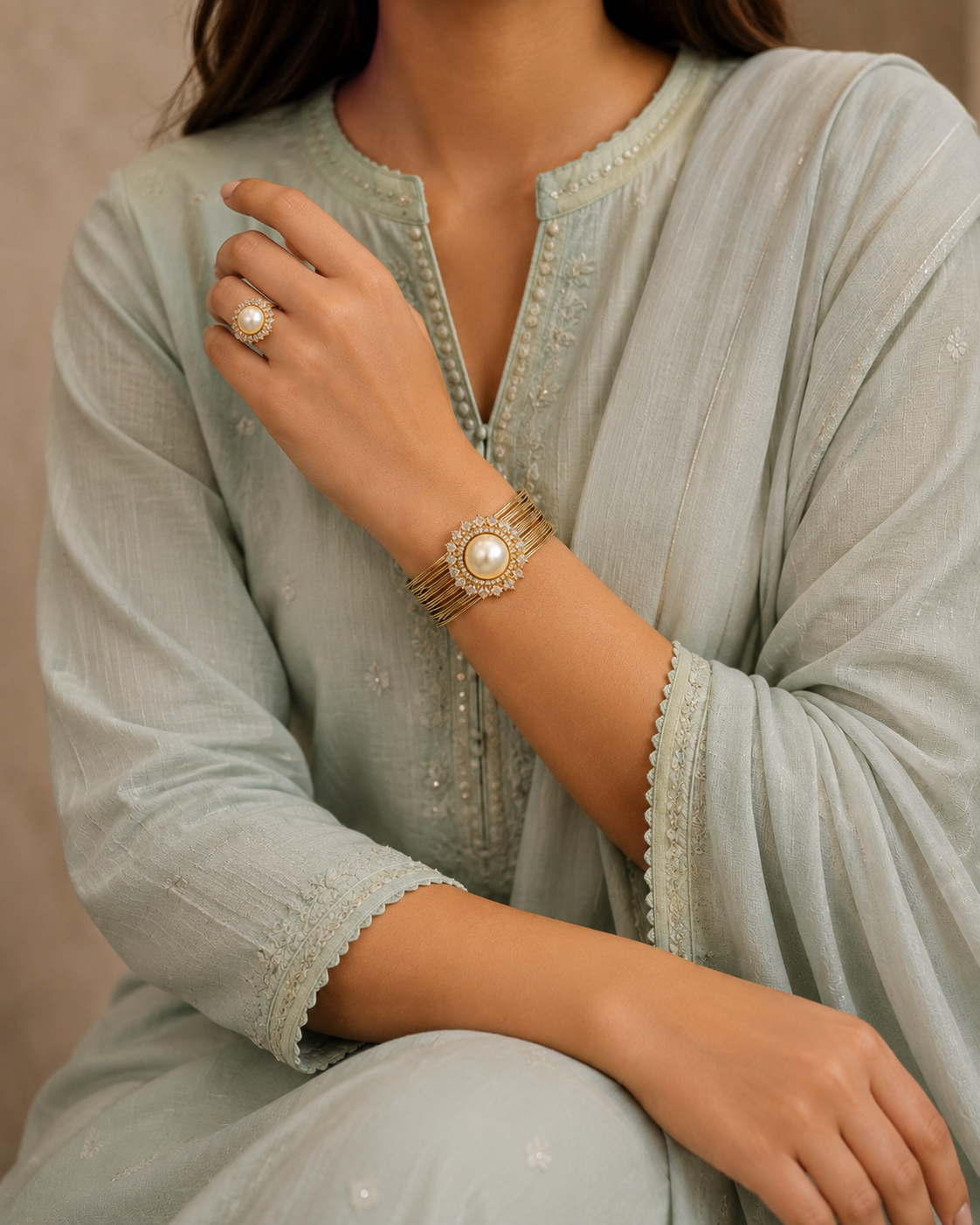 Pearl Royale Crystal Cuff &amp; Ring Set