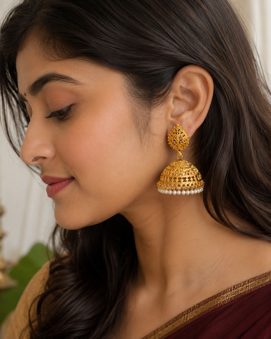 Golden Mesh Pearl Jhumka