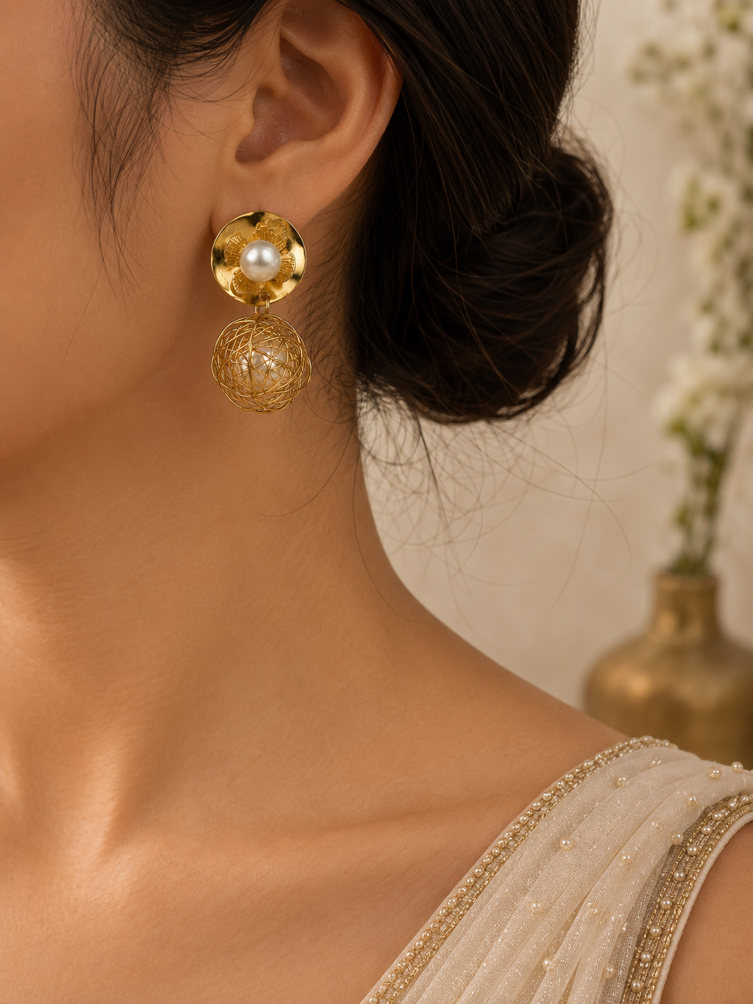 Pearl Bloom Wire Globe Earrings.