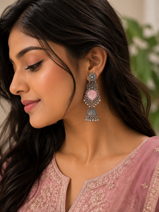 Blush Bloom Oxidized Jhumka Pink